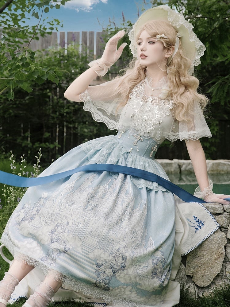 Weißer Rock mit hoher Cape-Taille, Top, Camisole + Tüll-Print, Castle Blue