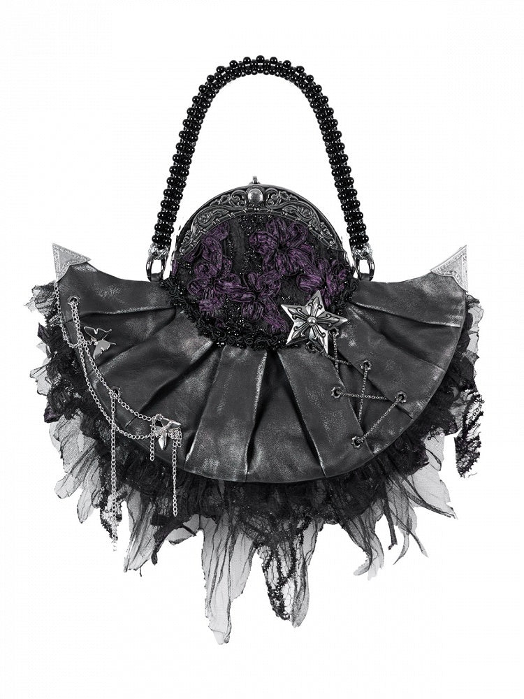 Gothic Black & Purple Pleated Faux-Leather Handbag with Netting & Chain Details - Blood Supply