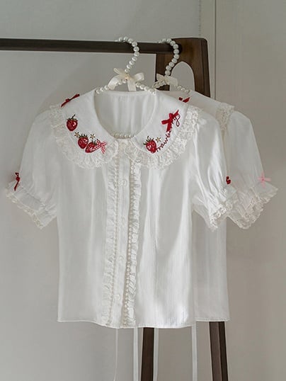 White Strawberry Lolita with Embroidery Short-Sleeve Ruffled Red Blouse