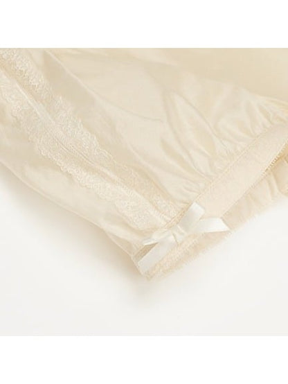 Beige Round Neck Sheer Tencel Top with Lace Accents - Yimu Walnut