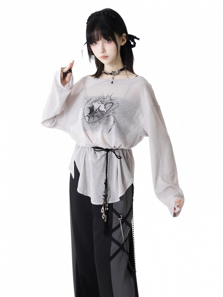 ストラップバニープリントカバーアップ+キャミトップ+セルフタイグレーオフショルダーピースの3点セット