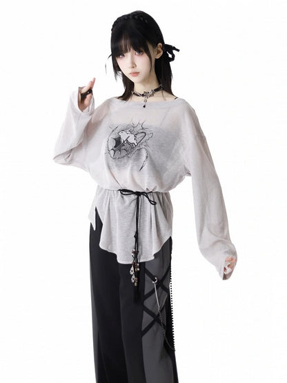 ストラップバニープリントカバーアップ+キャミトップ+セルフタイグレーオフショルダーピースの3点セット