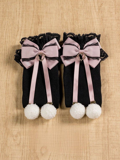 ジライケイ ポンポンディテール レースカフス 蝶結び 膝下ストッキング