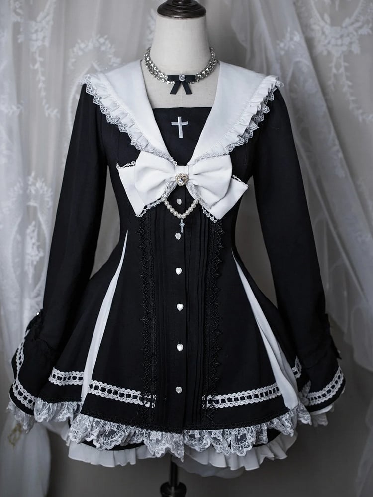 White - Shorts Gothic Black Landmine in Sailor Sleeve Lace-Threaded Bell Set Top Matching Style