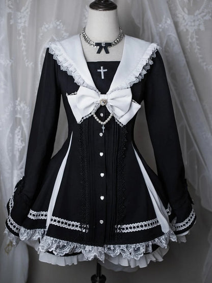 White - Shorts Gothic Black Landmine in Sailor Sleeve Lace-Threaded Bell Set Top Matching Style