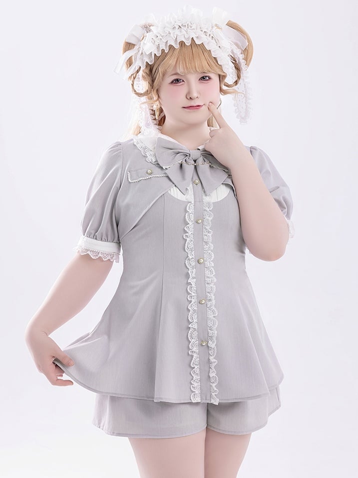 Sleeve Two-Piece Brooch Gray Kei Coord Shorts Top Bow Faux Jirai Short Set: with