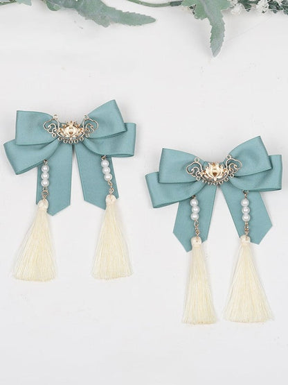 Blue Hairclip Dusty Lolita Tassel Green/Dusty Pearl Bowknot