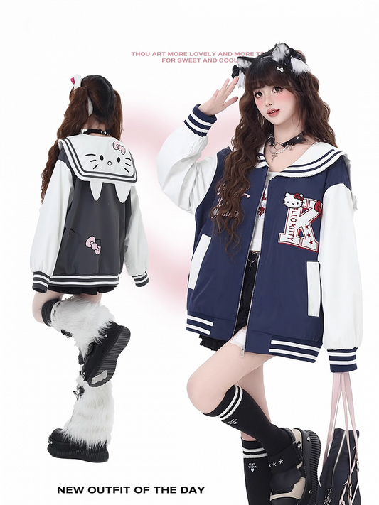 Navy Blue/Gray Sailor Collar Kitty Embroidered Baseball Jacket