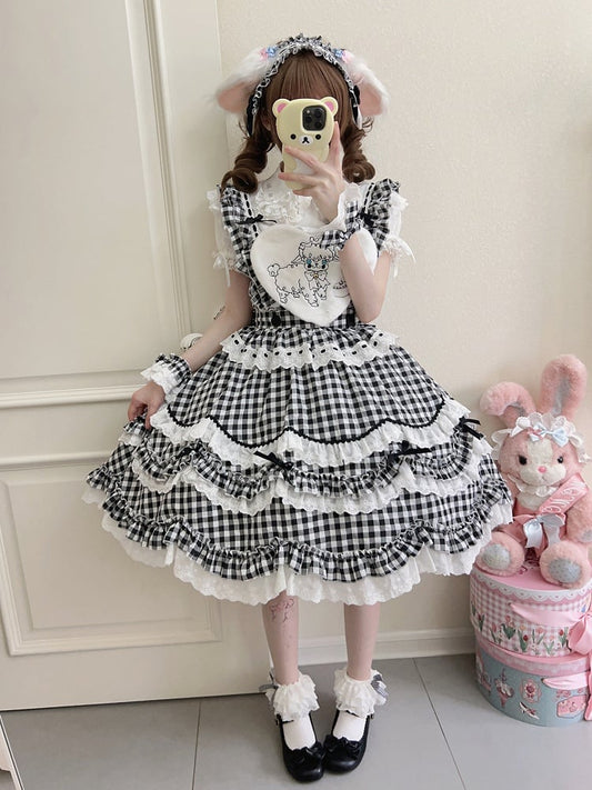 Bow Cute Black Only Back Dress JSK Multi-Layered Pattern Gingham + Lolita / Ruffle