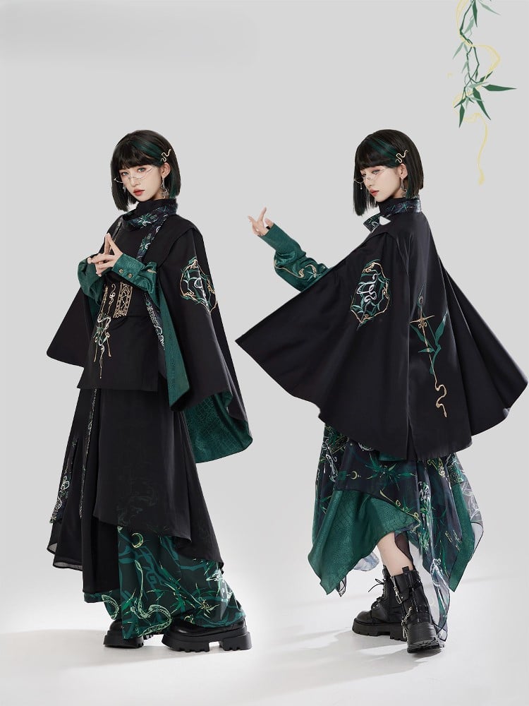 Green Black Chinese Cloak Asymmetrical Embroidery