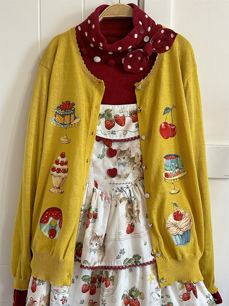 Yellow Long Sleeves Dessert Print Cardigan
