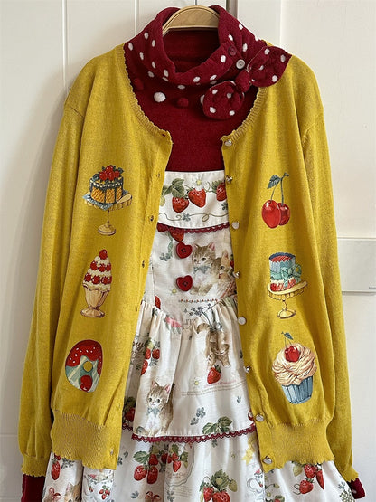 Yellow Long Sleeves Dessert Print Cardigan