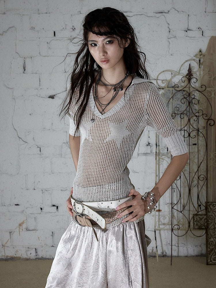 Off-White Star Pattern V-Neck Knit Top Hollow Out - NO ROMANCE