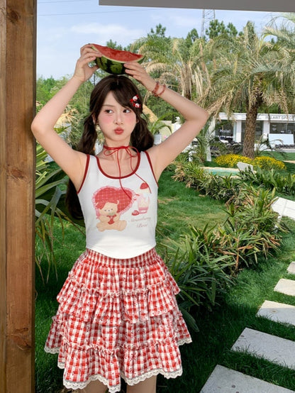 Bear Sweet White Adorable Trim Tank Top Contrast Red Print