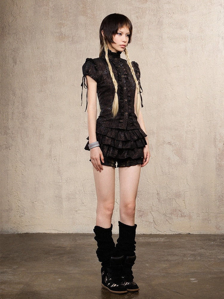 Puff Gyaru with Print Fashion Sleeves Y2K Sleeve Ruffle Top Punk Short Black Trim Leopard