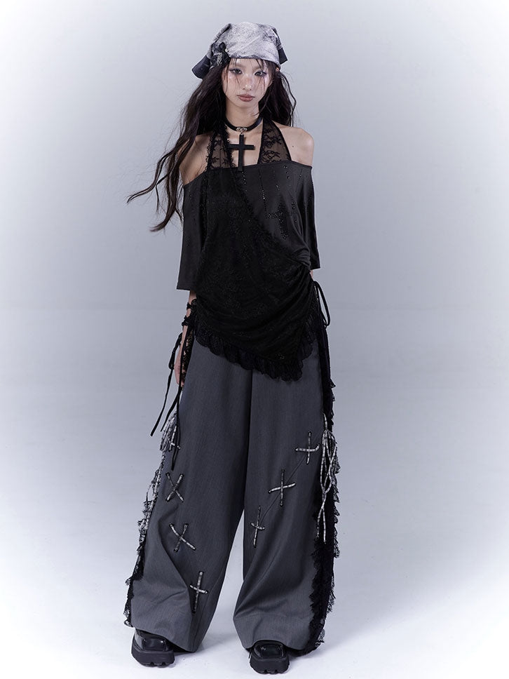 T-Shirt Neckholder Schwarz Kreuz Strass Gebogener Saum