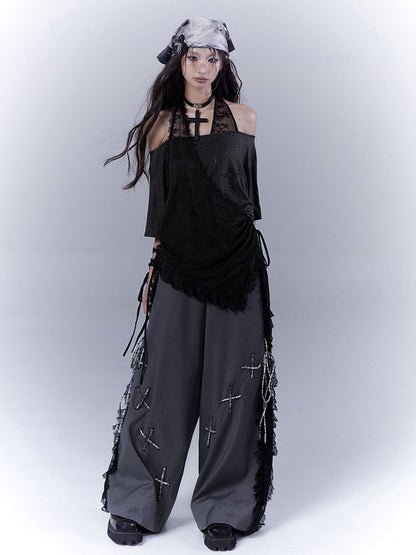 T-Shirt Neckholder Schwarz Kreuz Strass Gebogener Saum