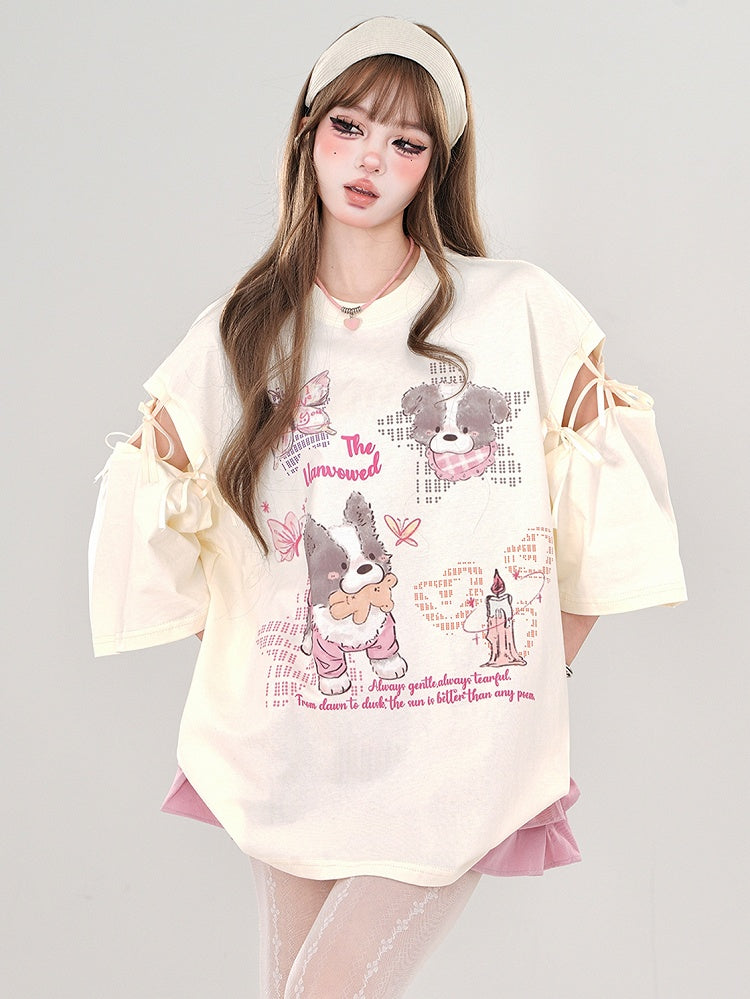 ピンク/アプリコットの漫画の子犬のタイアップカットアウトスリーブTシャツ