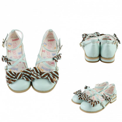 ハートの靴のデザインにストライプのバックル、リボンのロリータトップ、クリスクロスグリーンブラウンパターン