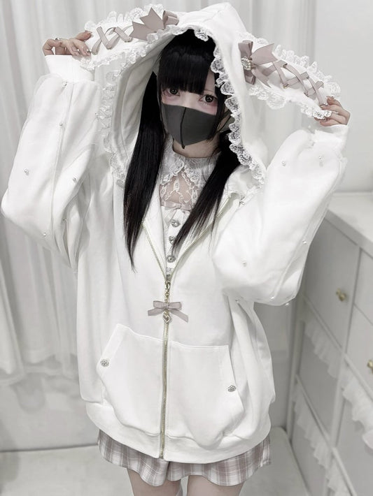 Hoodie Bunny-Ear with Kei Beaded Details Lace Zip Trim White Jirai Sleeve and