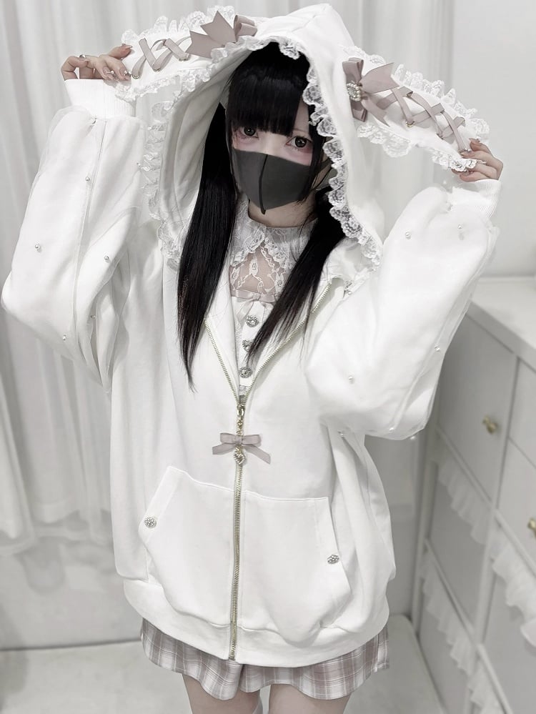Hoodie Bunny-Ear with Kei Beaded Details Lace Zip Trim White Jirai Sleeve and