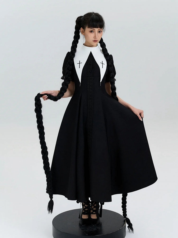 with Lolita Short Cross Nun Lace Sleeves Embroidery Black Trimmed Dress