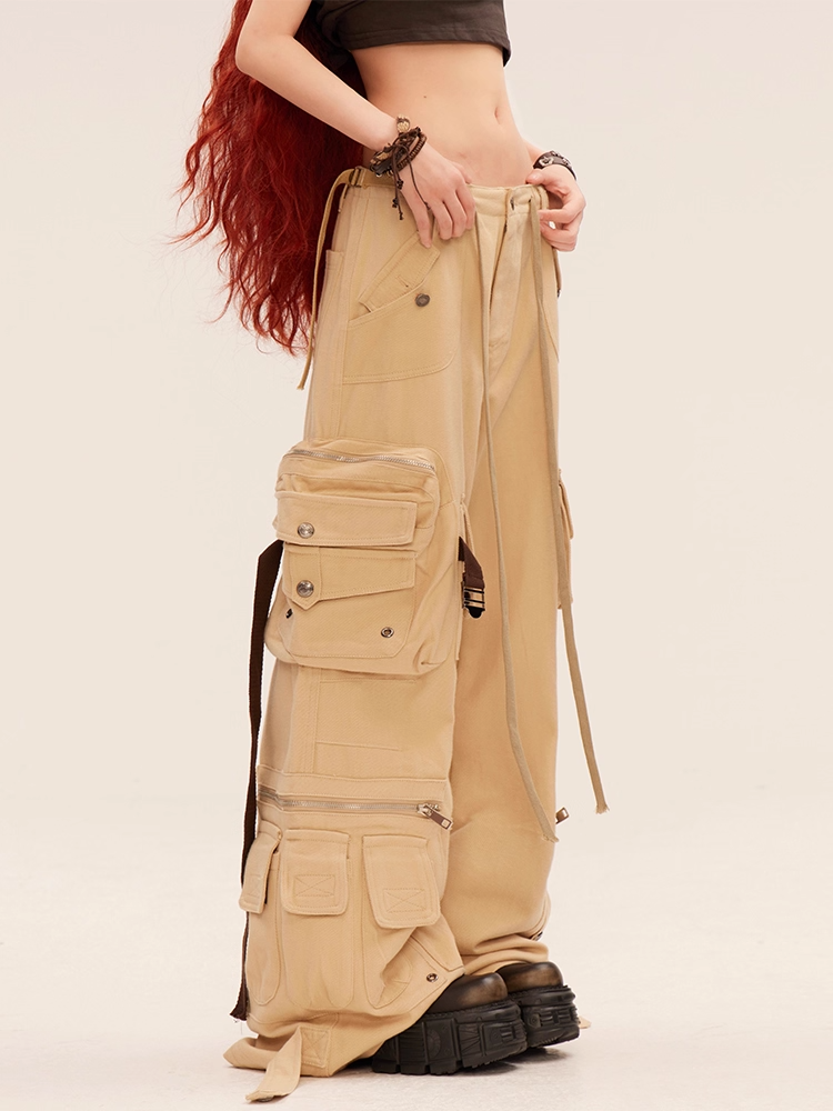 ローミラードファッション カーキライズ カーゴポケット ワイドレッグパンツ