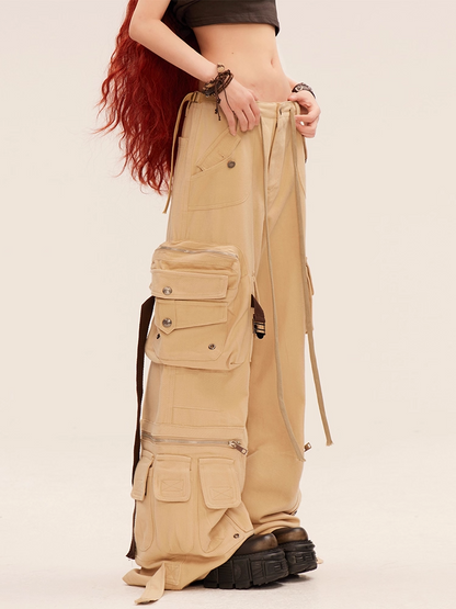 ローミラードファッション カーキライズ カーゴポケット ワイドレッグパンツ
