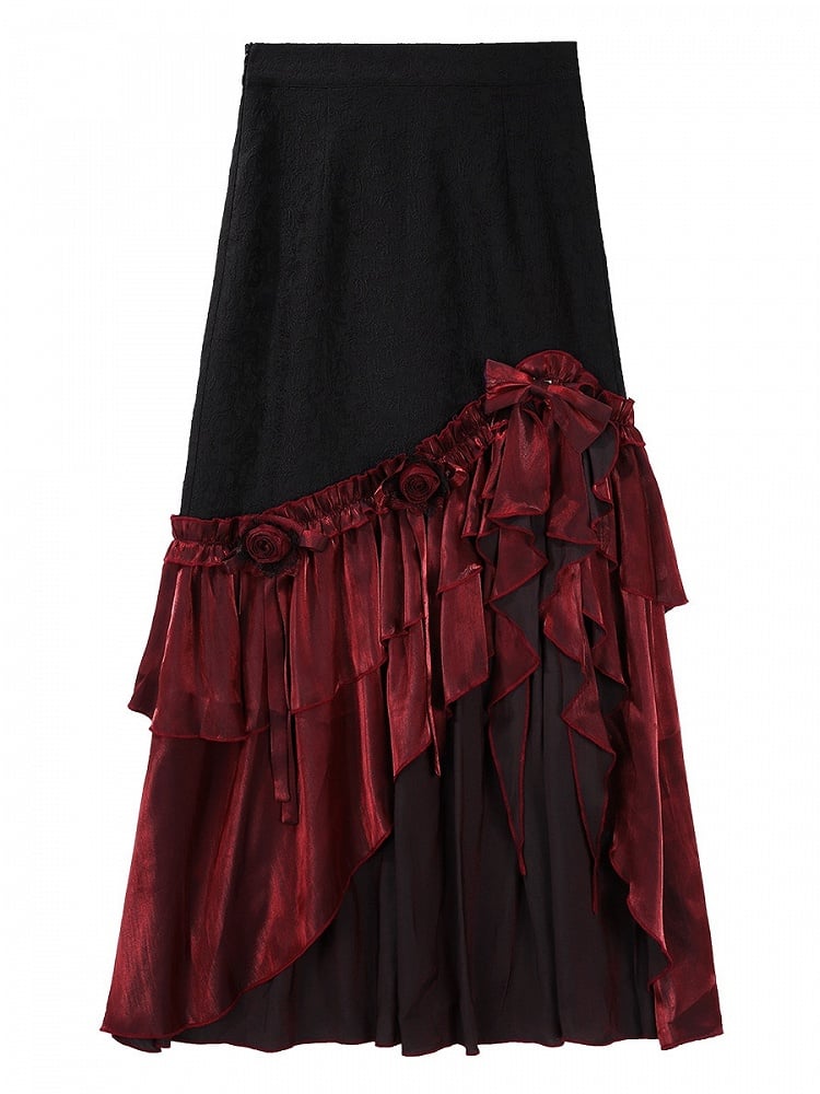 Black Red Gothic Corset Top and Skirt Set with Choker - Xiong Dou Jiang