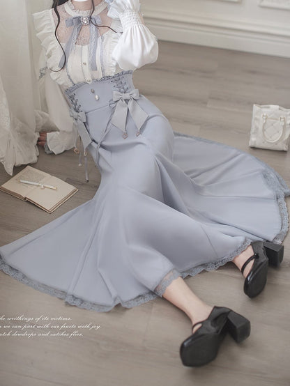 Kei Illusion Blouse Jirai Long Lace Cutout - Blue Shoulder White Sleeve Trim Top Neckline