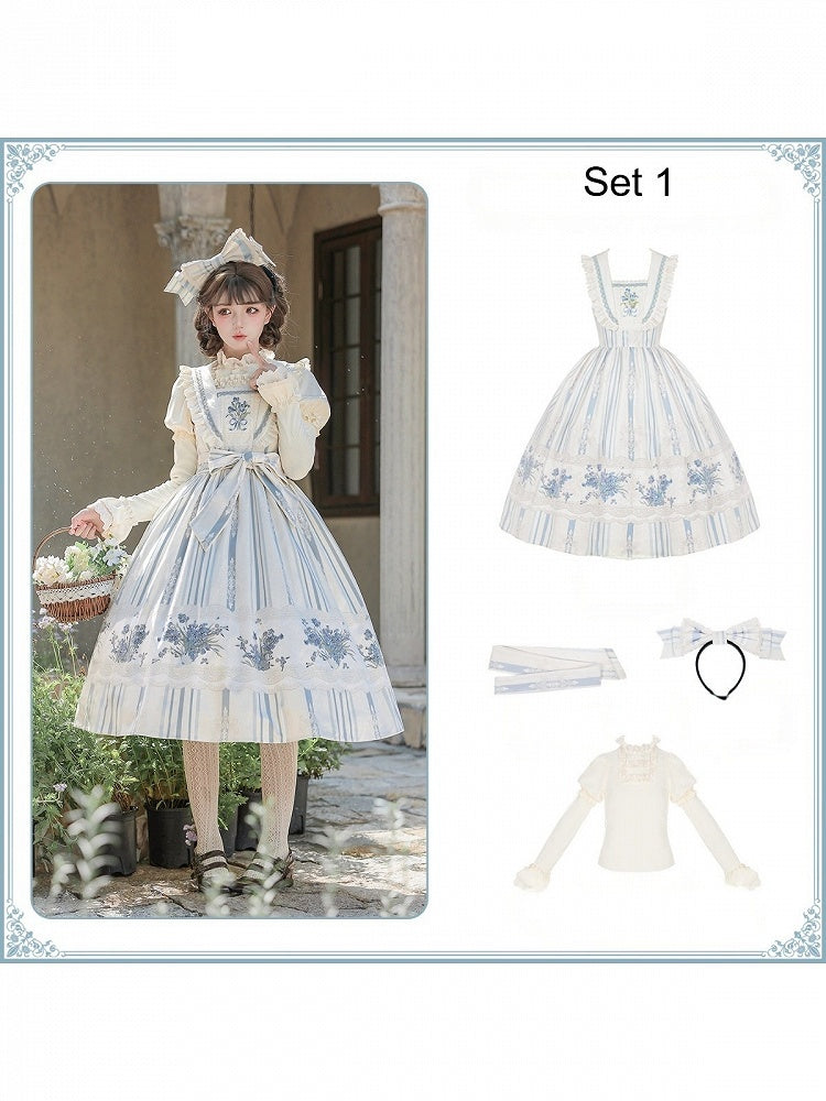 Long Blue & White Striped Floral Embroidered JSK Set with Knit Top, Belt & KC - With PUJI
