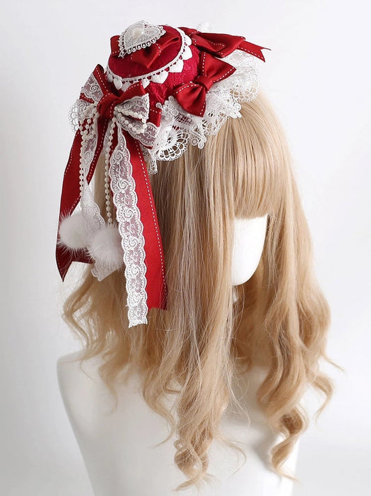 Red Heart-Pearl Style) Mini Hat Elegant White (Vibrant Lace