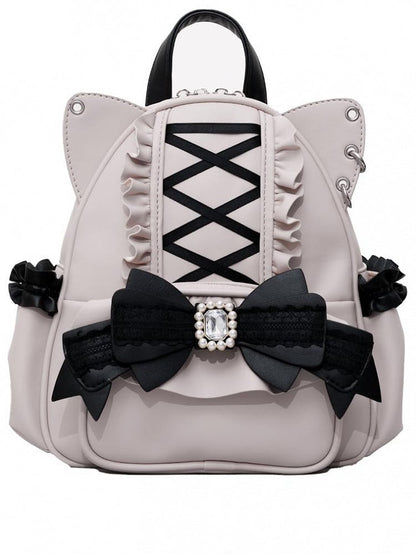 BlackPink Kei Cat Ear Backpack With Beaded and Rhinestone Bow Jirai