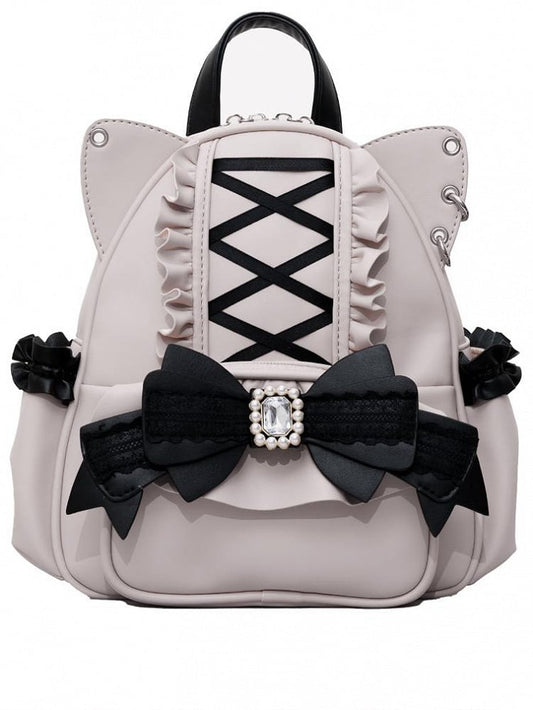 BlackPink Kei Cat Ear Backpack With Beaded and Rhinestone Bow Jirai