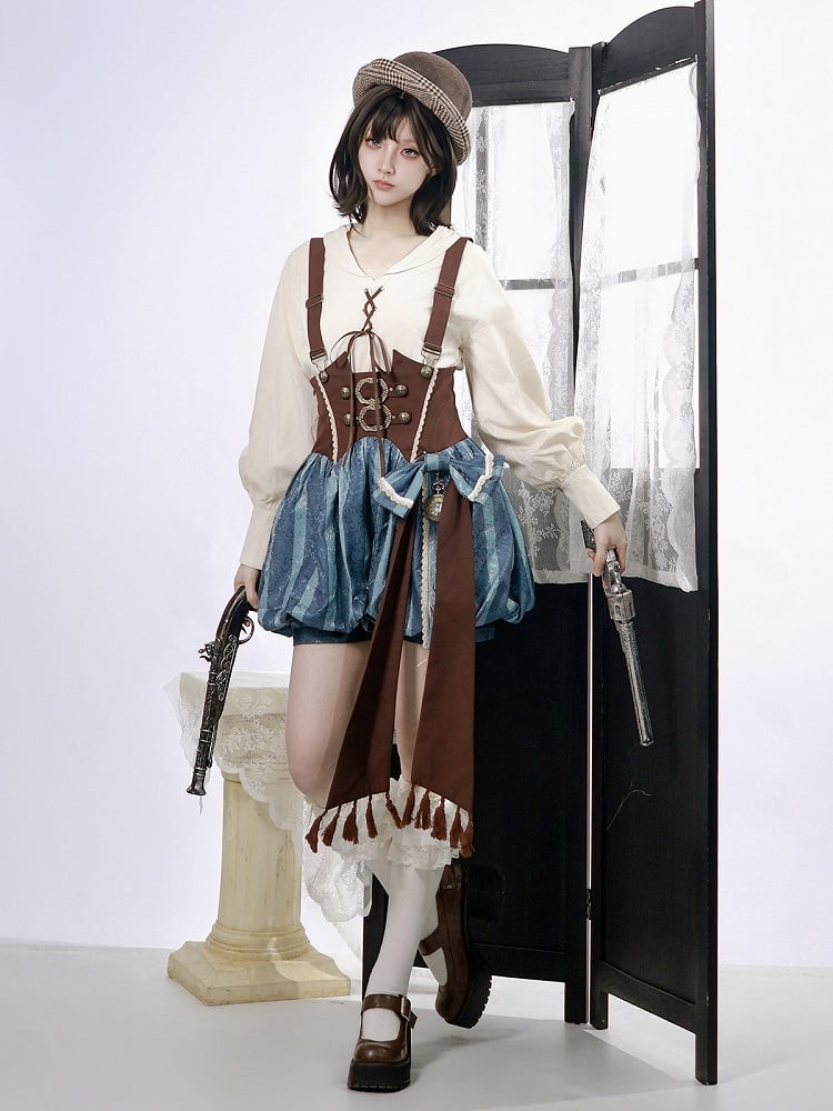 White Long Sleeve Lolita Blouse with Lace-Up Front - Xiong Dou Jiang