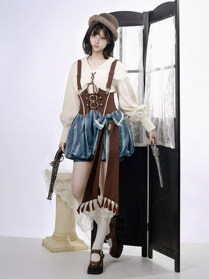 White Long Sleeve Lolita Blouse with Lace-Up Front - Xiong Dou Jiang