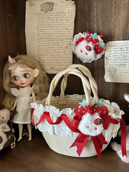 Lace Bag Plush Decorated Bunny Tote Straw Strawberry