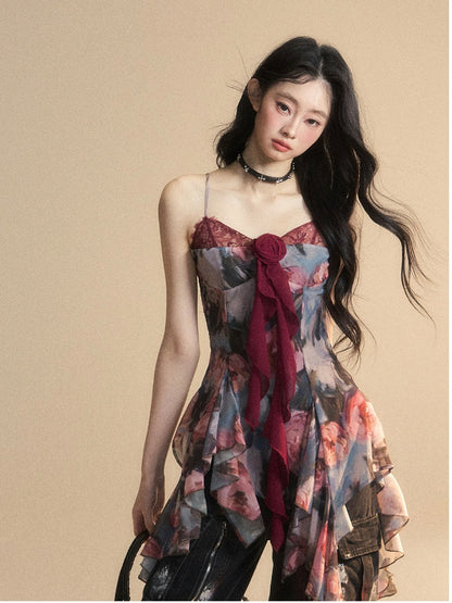 Malerei Rot Öl Cami Top Asymmetrische Volant Verziert Saum Floral Glamourös