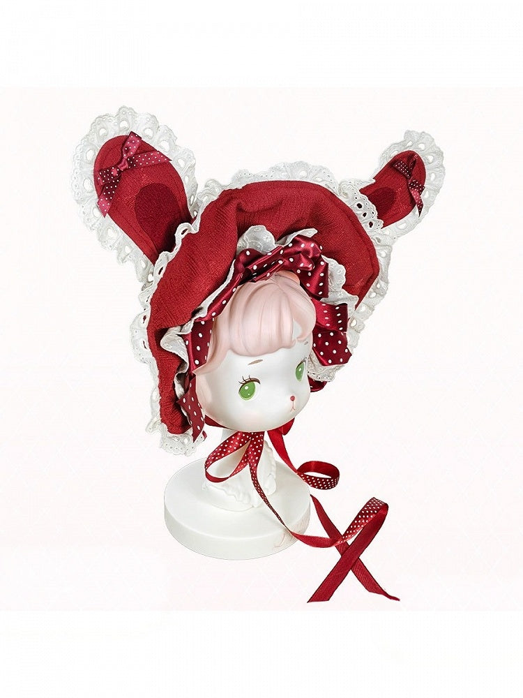Crimson Polka-Dot Bonnet with Rabbit Ear Accents - Day Rabbit