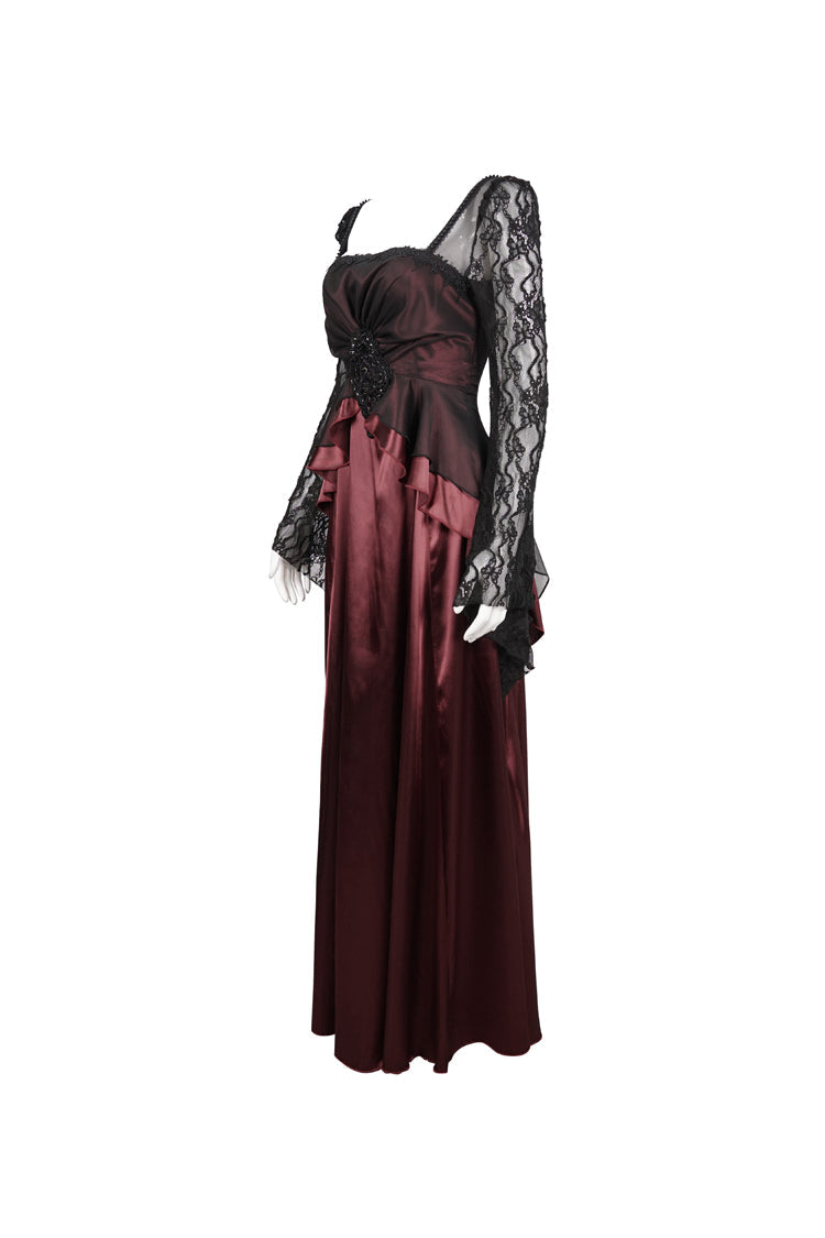 Crimson Lace Pointed Long Sleeves Back Zipper Satin Floor-Length Gothic Gown