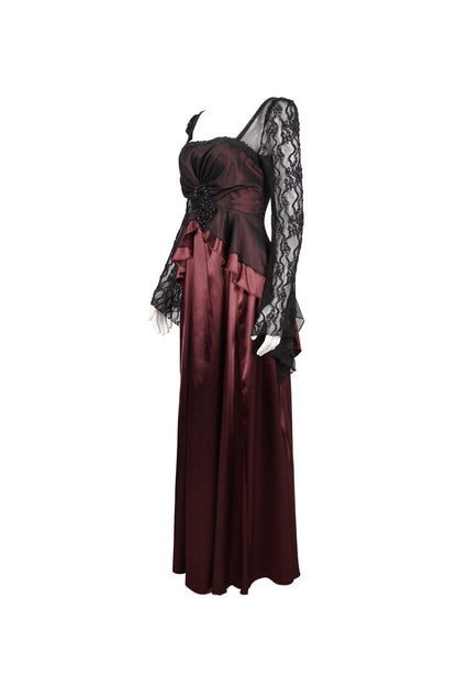 Crimson Lace Pointed Long Sleeves Back Zipper Satin Floor-Length Gothic Gown