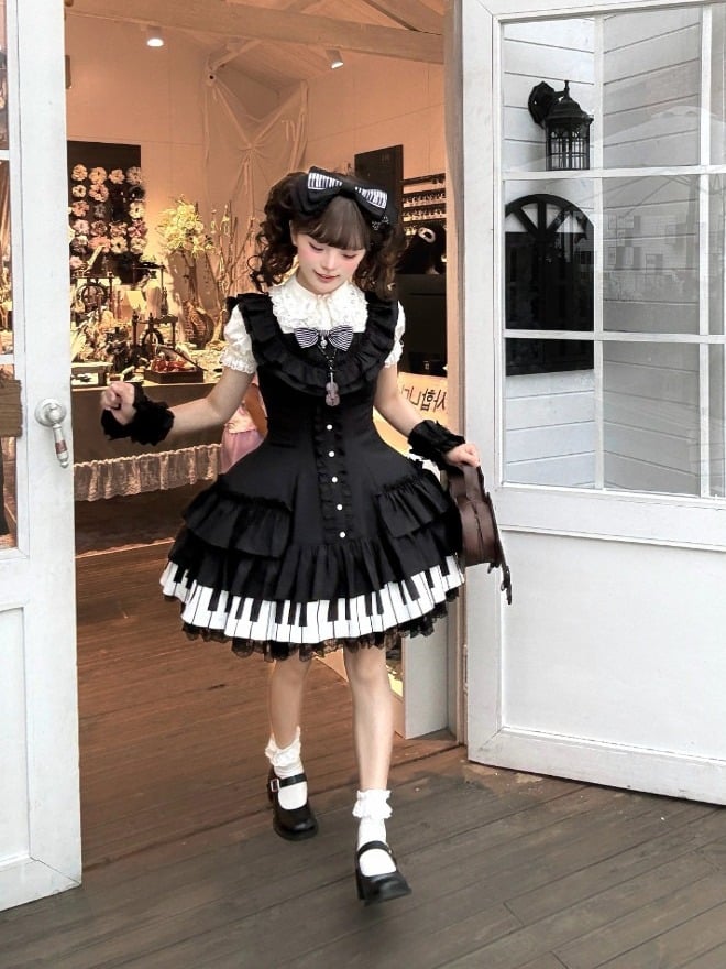 Piano Motif JSK Dress in Black and White with Bow Accents and Ruffled Trim - Wuyu Love Letter
