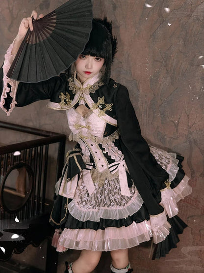Black and Pink Chinoiserie Style Corset Dress Qi Lolita JSK Set
