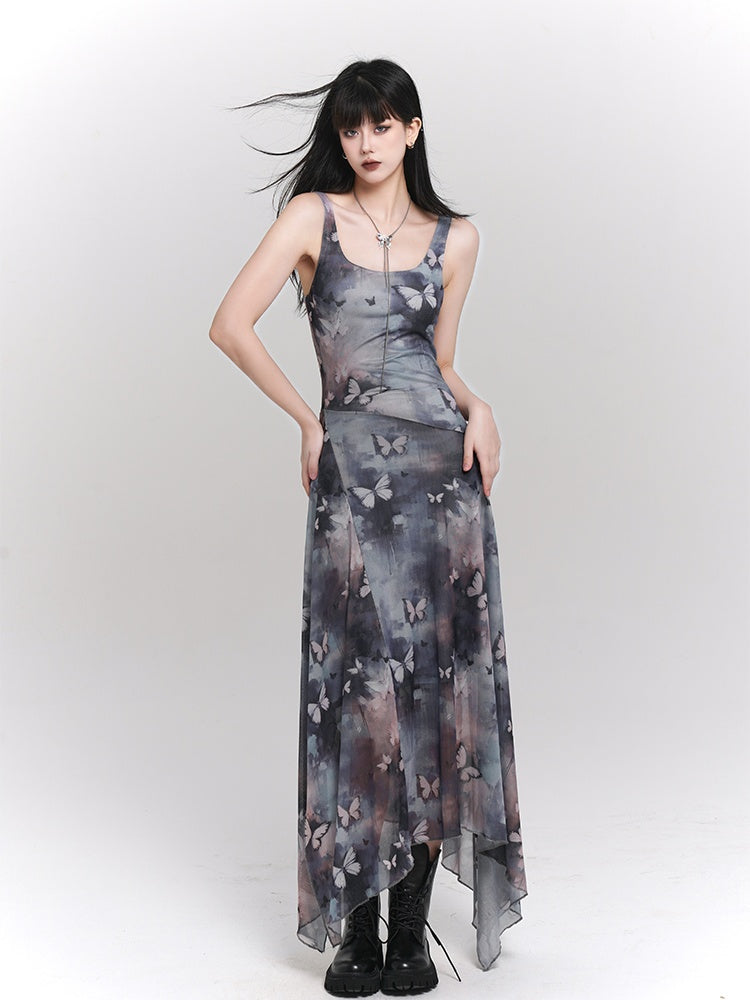 Blue & Purple Butterfly Print Asymmetrical Hem Sleeveless Dress