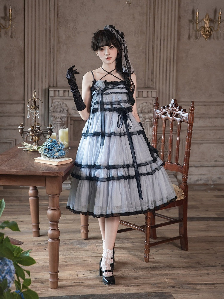 Navy-Black Sweet Lolita JSK with Lace & Layered Skirt - Aisling