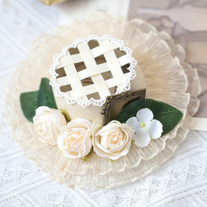 Beige/Black Hat Accents with Flower Lolita Design Mini Woven