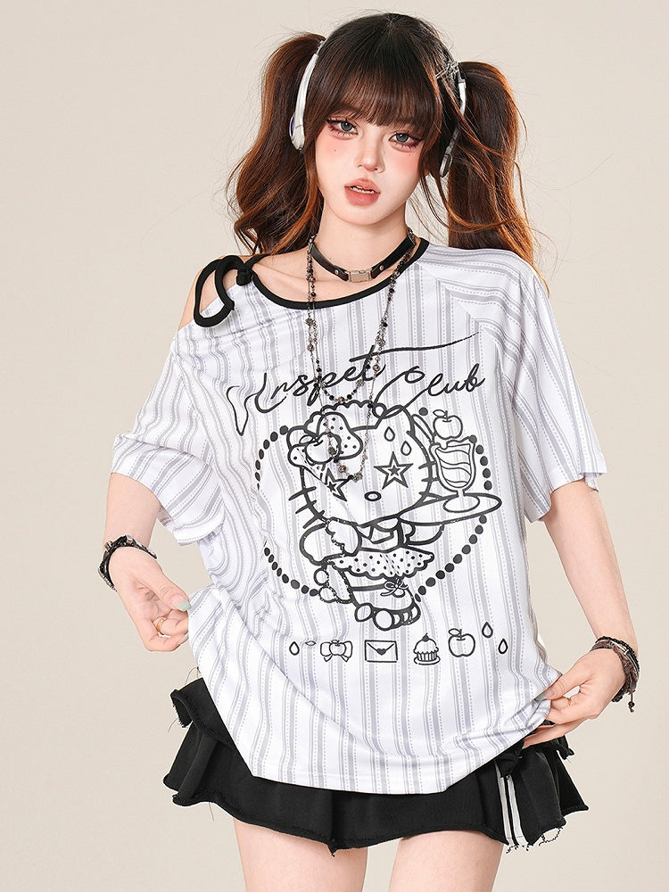ビタースイートTシャツ ストライプストラップ キティ柄 ブラック/ホワイトプリント ネックライン アシンメトリー セルフタイ