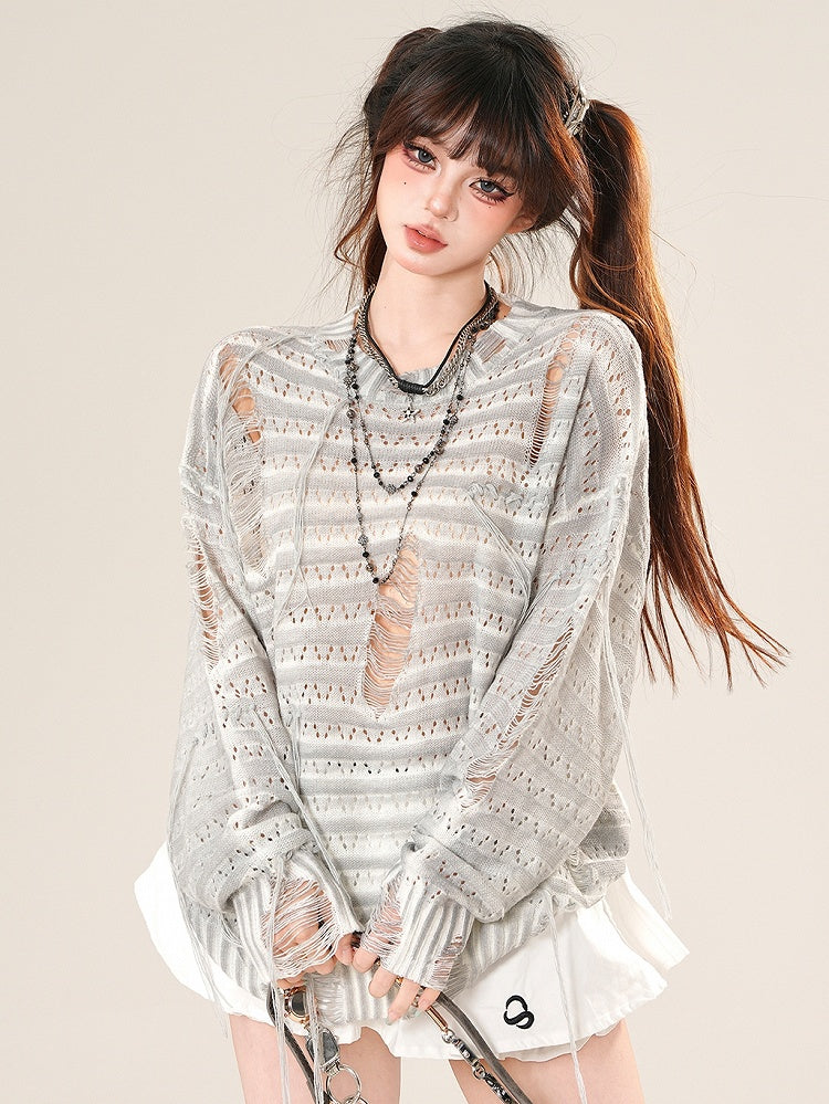 Protection Sun Gray/Beige Glamorous Long Hole Sleeves Distressed