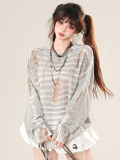 Protection Sun Gray/Beige Glamorous Long Hole Sleeves Distressed