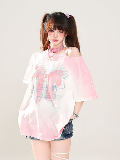 Butterfly Rose Pink/Pink/Grau Lockeres Schulter-T-Shirt Print Ombre Cutout